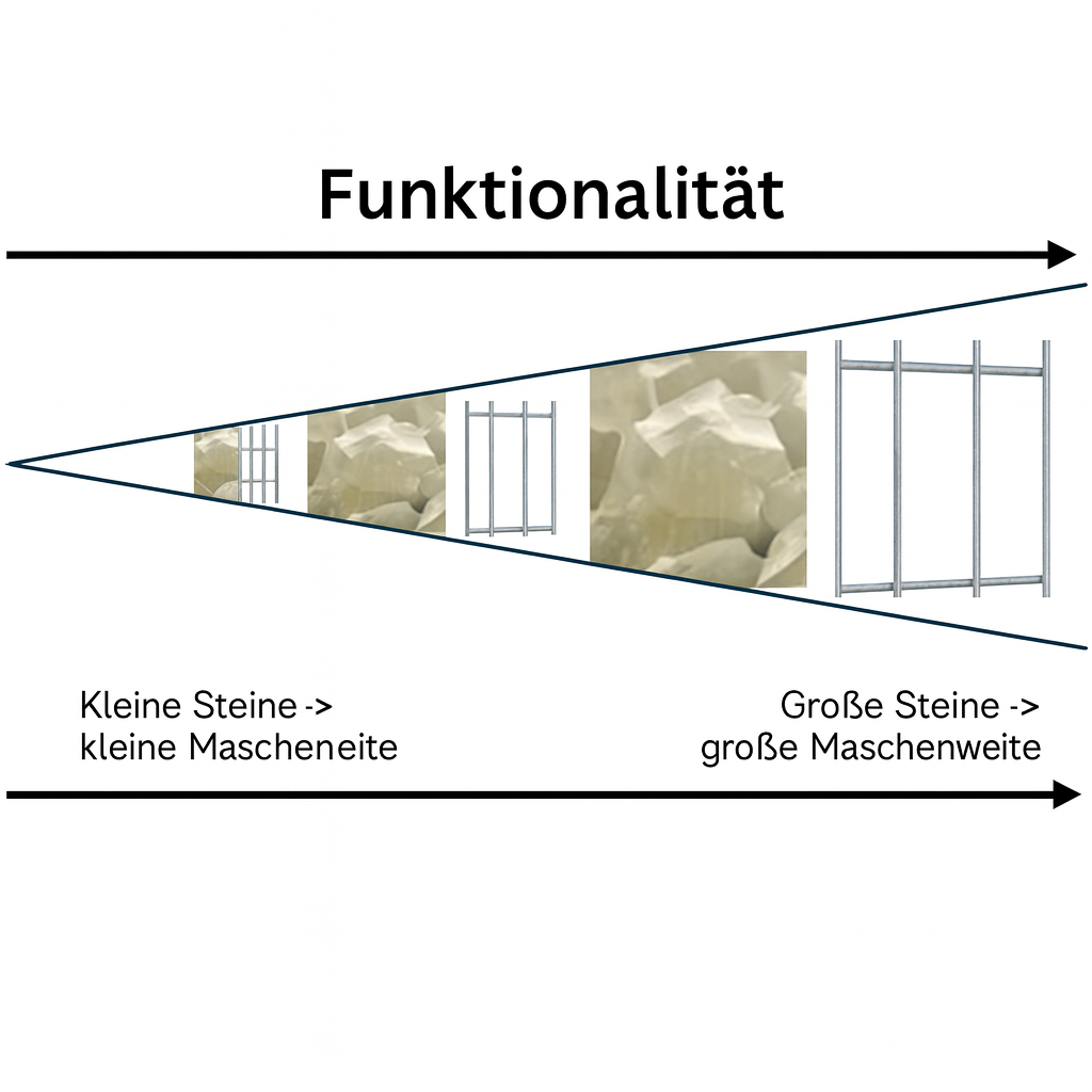 Diagramm, aus dem hervorgeht, dass kleinere Steine eine kleinere Maschenweite und größere Steine eine größere Maschenweite erfordern; Beschriftung "Funktionalität" mit entsprechenden Bildern und Pfeilen.