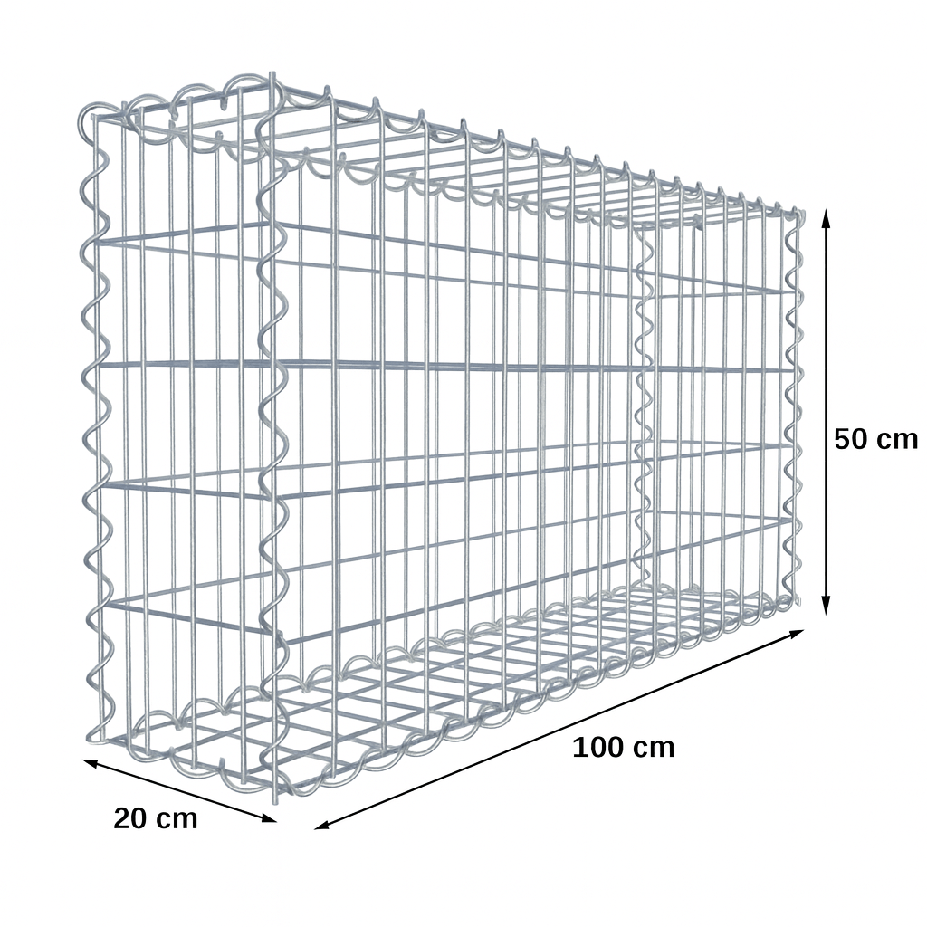 Rechteckige Metallgitterbox mit den angegebenen Maßen: 100 cm Länge, 50 cm Höhe und 20 cm Breite.